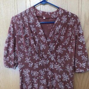 Vintage 1940s Rayon Dress Floral Reddish Brown V Neck Shoulder Gathers 14 Large